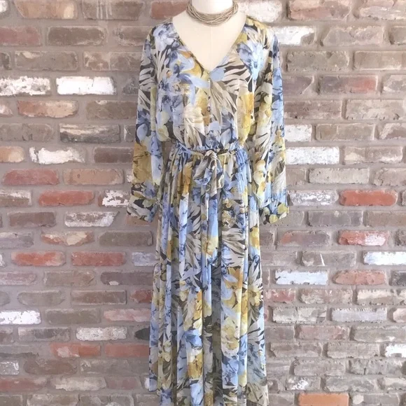 ENFOCUS Women’s Navy Yellow Floral Long Sleeve Chiffon V-neck Maxi Dress 14W - Picture 2 of 8